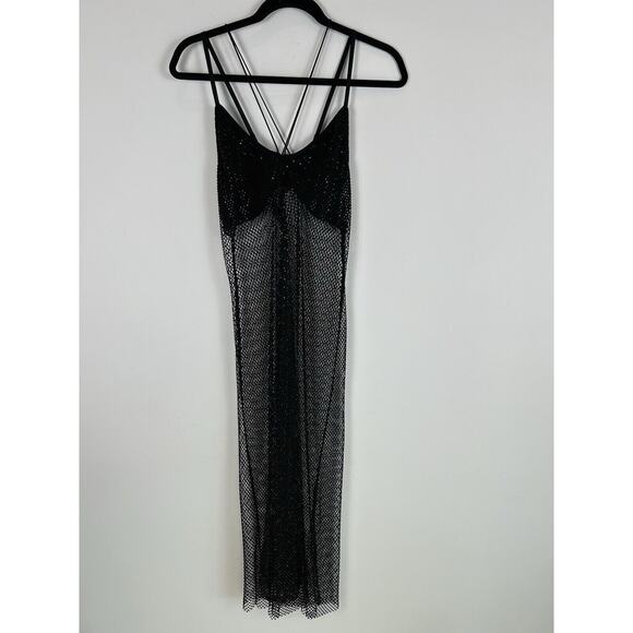 Dressy Mesh Midi Dress Goth Emo Size M/L Fishnet Women's Black Beaded Sequin Bra - Picture 1 of 7
